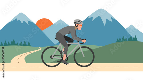 Cyclist in mountain landscape at sunset with scenic views and open road