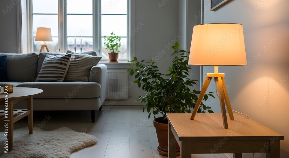 Fototapeta premium Cozy living room interior with warm lamp light and comfortable sofa