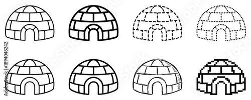 Set of eight black igloo icons in various outline styles including line art, pixelated, dashed, dotted, and hand-drawn sketch for graphic design elements