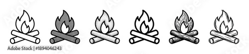 Set of six black campfire icons in various hand-drawn styles, including line art, stippling, and hatching, showing a bonfire with flames and crossed logs for camping or survival themes