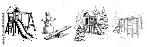 Set of hand-drawn winter playground illustrations with a slide, swings, snowman, seesaw, and climbing frame in a charming black and white vintage sketch style for kids