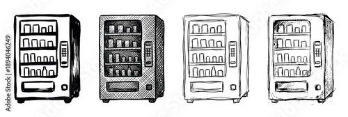 Four hand-drawn vending machines with drinks illustrated in a black and white ink sketch style, showing a set of different doodle and hatching techniques