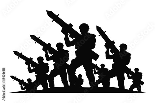 Silhouette of soldiers carrying rocket launchers against a white background