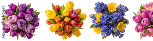 Four bouquets purples, yellows, reds, blues and pinks, isolated on white