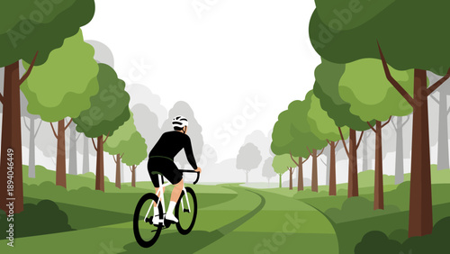 Cyclist riding through scenic forest trail in flat style illustration