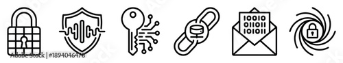 Six black linear icons for digital security and data privacy, featuring a lock, protection shield, encryption key, database link, binary code message, and secure network symbol
