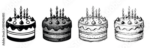Four hand-drawn birthday cakes with lit candles are illustrated in a set of various sketch styles, from simple black ink outlines to detailed cross-hatching and stippling