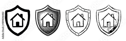 Set of four hand-drawn shield icons with a house symbol inside, illustrating home security, property protection, and real estate insurance in a rough sketch doodle style