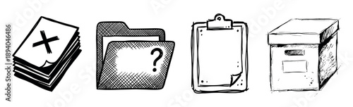Four black and white doodle icons representing office tasks like rejection, inquiry, completion, and archiving, featuring a paper stack, folder, clipboard, and storage box