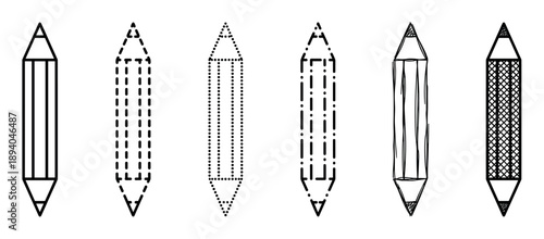 Six double-ended black pencil icons arranged in a row, showcasing various line art styles including solid, dashed, dotted, sketchy, and crosshatch patterns for design elements