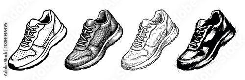 Four hand-drawn athletic sneakers in various artistic styles, showcasing a collection of black and white footwear illustrations from clean line art to expressive, sketchy designs
