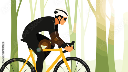 Cyclist riding through forest in sunrise - dynamic outdoor adventure