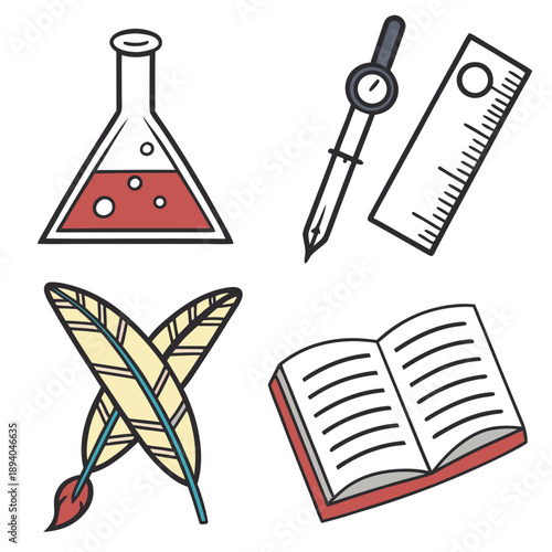 School Subjects Icons: Math, Science, Literature, Art