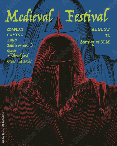 Medieval or renaissance knight in helmet standing. Festival poster in dark fantasy style. Hand drawn woodcut engraving. Brutal illustration of ancient warrior.