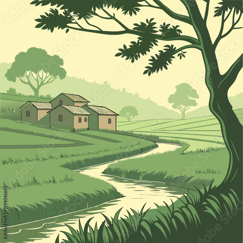 Serene Rural Village Landscape with Green Rice Fields and River