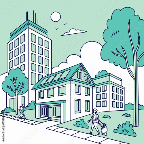 Smart City Landscape Vector with Eco Buildings and Trees