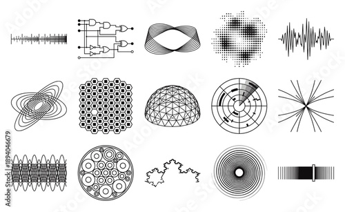 Minimalist Technical Line Art Element Kit for Science and Engineering Graphic Asset Sheet