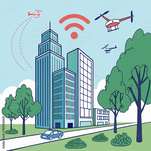 Smart City Landscape with Modern Buildings, Trees, and Blue Sky