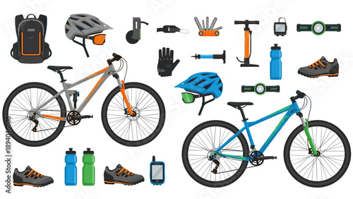 Mountain biking gear and accessories: helmets, bikes, and tools for adventure enthusiasts
