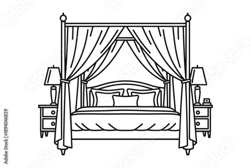 A detailed line drawing of a classic four poster canopy bed