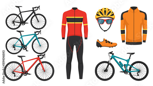 Cycling gear collection: road and mountain bikes with accessories