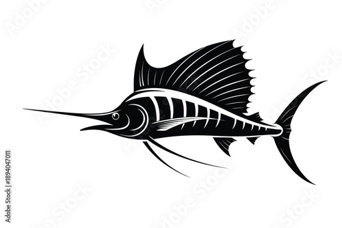 A striking black and white illustration of a sailfish swimming gracefully