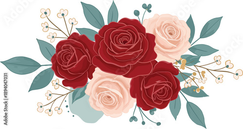 Beautiful bouquet of red and pink roses with green leaves on white background
