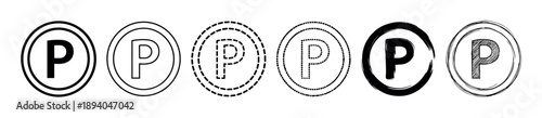Set of six black parking icons with the letter P in a circle, showcasing various styles including solid, line art, dashed, dotted, brush stroke, and hand-drawn sketch designs