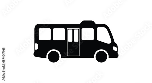 A striking black graphic depicts a vintage style tour bus with rounded features and large windows a bold silhouette