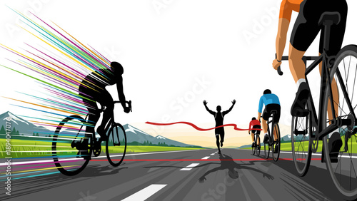 Cyclists racing to finish line with dynamic motion in vibrant landscape