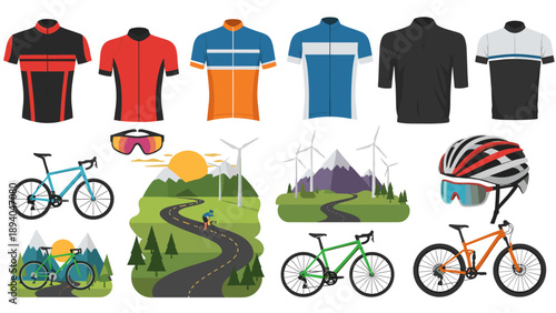 Cycling gear and scenery collection: jerseys, bikes, and landscapes