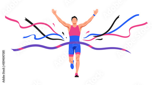 Athlete crossing finish line in victory celebration with colorful ribbons