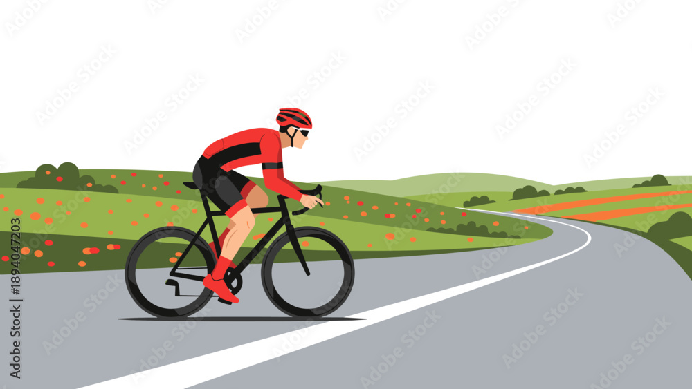 Obraz premium Cyclist riding through scenic countryside landscape on sunny day