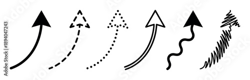 Set of hand-drawn black arrows pointing upwards in various doodle styles including solid, dashed, dotted, wavy, and scribbled, representing growth and direction