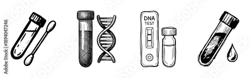 Hand-drawn set of medical test icons including a DNA helix, blood sample tube, cotton swab, and rapid test kit in a black and white sketch illustration style for science concepts