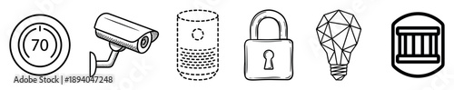Six hand-drawn smart home technology icons featuring a digital thermostat, surveillance camera, voice assistant, security lock, geometric lightbulb, and window shutter controller