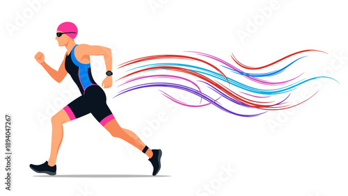 Athlete running with colorful abstract trails in flat design