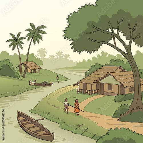 Lush South Asian Rural Village Beside River with Boats