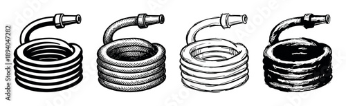 Four coiled garden hoses with nozzles illustrated in a variety of hand-drawn graphic styles, including clean vector, hatching, sketch, and rough woodcut techniques