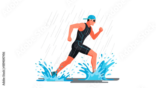 Dynamic athlete running through raindrops in vibrant flat design