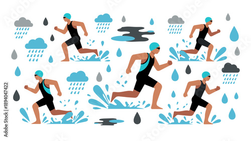 Dynamic runners braving the rain in modern flat art style