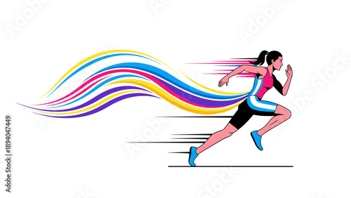 Dynamic female runner with colorful streaks showcasing speed and motion in a vibrant style