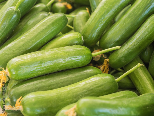 vibrant, close-up background texture of fresh, organic young zucchinis (courgettes) with small yellow blossoms, perfect for healthy eating, market, or agricultural themes.