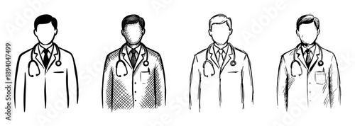Set of four hand-drawn doctor illustrations shows faceless male medical professionals in white lab coats with stethoscopes, rendered in various black and white sketch styles