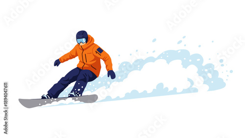 Snowboarder carving through fresh powder in action-packed winter scene