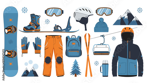 Winter sports equipment collection for snowboarding adventure enthusiasts