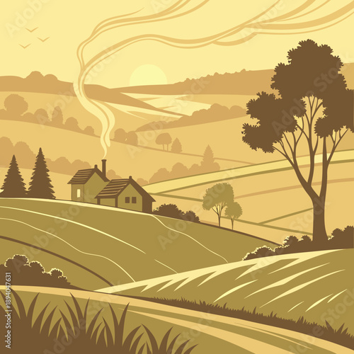 Sunrise Landscape over Village and Fields, Golden Warmth