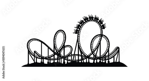 A striking black silhouette depicts a complex rollercoaster design with looping tracks and supporting structures silhouette high quality professional detailed