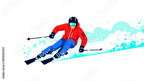 Dynamic skier in motion with snowy trail background