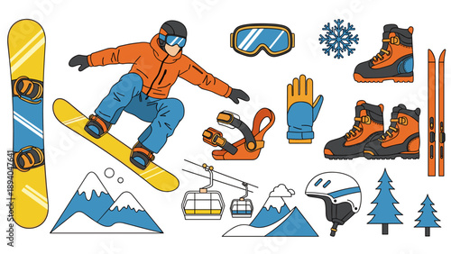 Winter sports collection: vibrant snowboarding gear and iconic mountain equipment